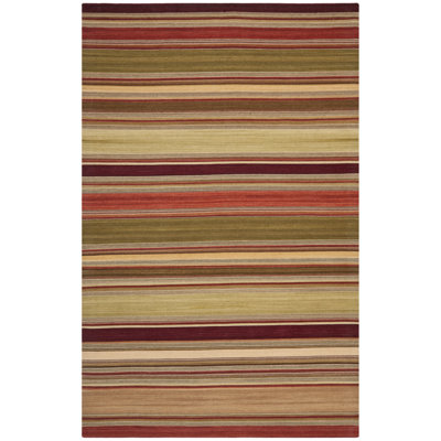 Tapis rayé en laine / coton Basler Kilim brun / vert / beige tissé à la main
