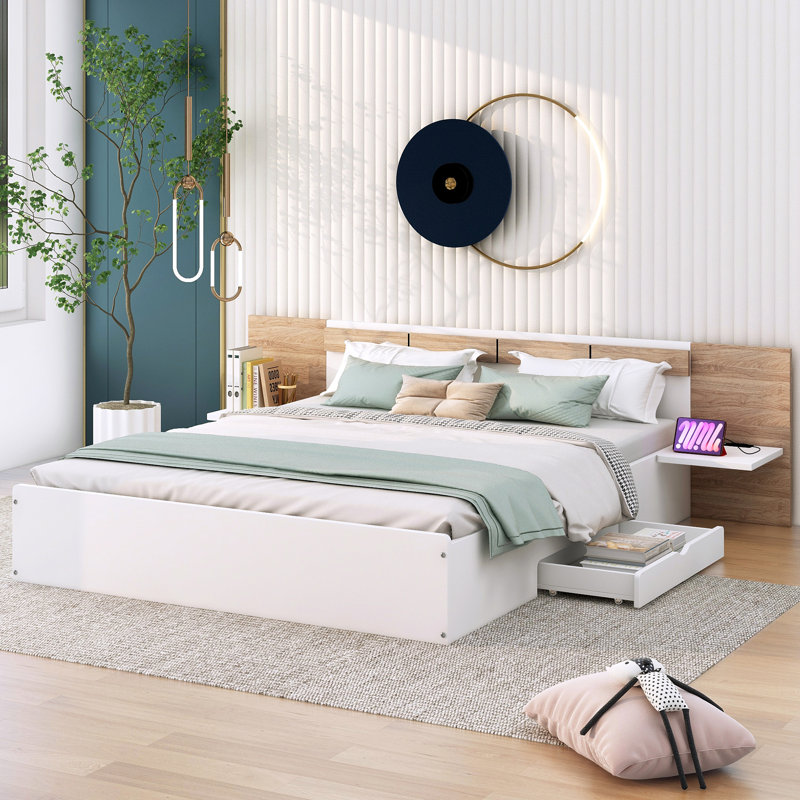 Lit plateforme avec rangement Revkah, lit avec tête de lit, tiroirs, tablettes, ports et prises USB, Blanc 1