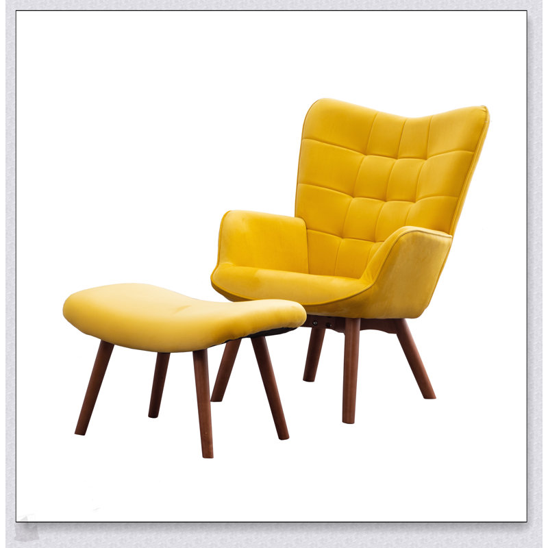 Fauteuil d'appoint capitonné en velours soyeux avec repose-pieds Leiria, jaune, pour des sièges élégants et confortables