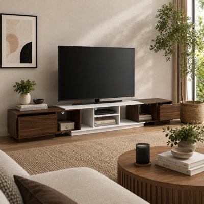 101"-130" Extendable TV Stand In White & Walnut, Modern Low Profile Media Console With Drawers & Open Shelving