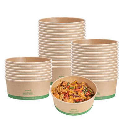 Restaurantware Compostable Paper Food Containers 200 Pack Of 50 oz BPI-Certified Round Kraft Salad Bowls Disposable Grease-Resistant Meal Prep Take Out Containers For Ice Creams, Soups, Snacks
