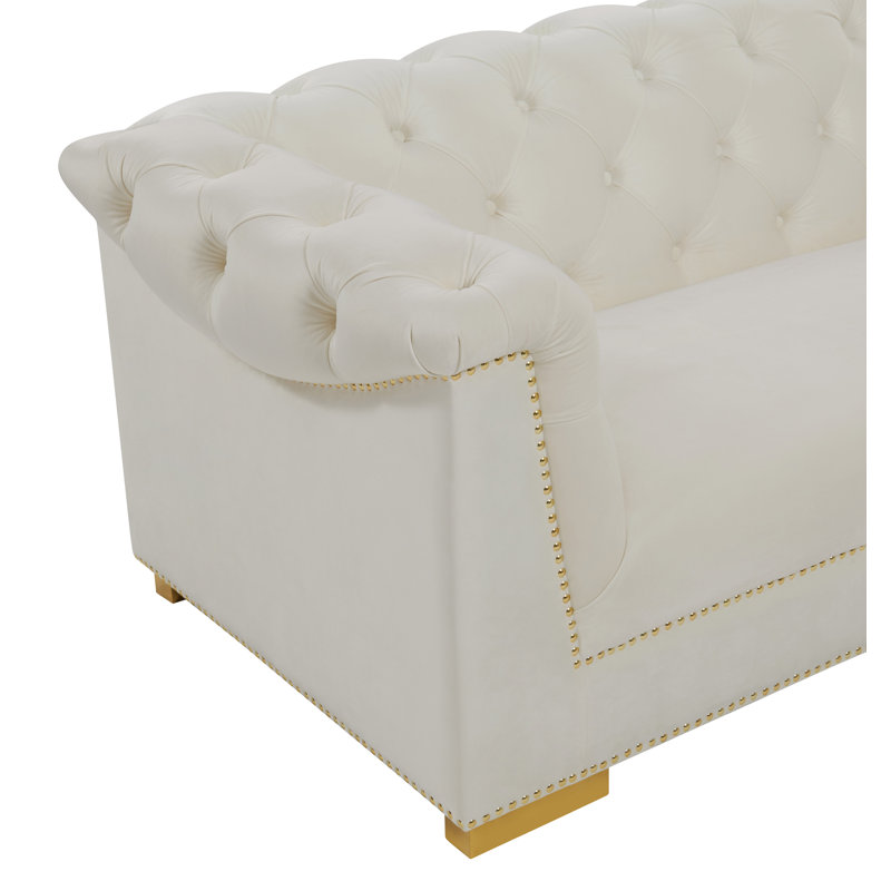 92.1" Velvet Rolled Arm Sofa, Cream Velvet, 28.7" H x 92.1" W x 35" D