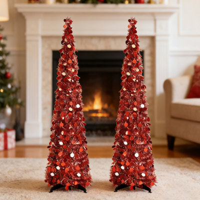 2 Pcs 5 ft Collapsible Artificial Christmas Tree Pop up Sequined Tinsel Pencil Skinny Xmas Tree for Home Fireplace Decoration