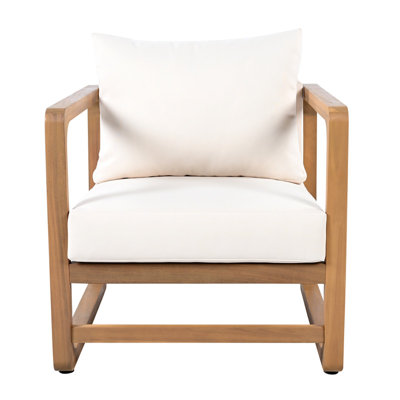 Chaise longue d'extérieur, fauteuil club en bois d'acacia, siège surdimensionné avec ensemble de coussins blancs