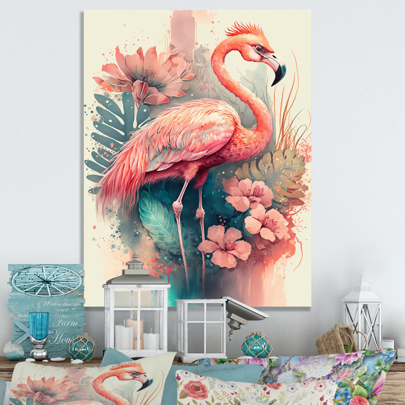 «Stunning Flamingo Floral II», impression sur toile, H 32 po x l 16 po x P 1 po, Toile tendue