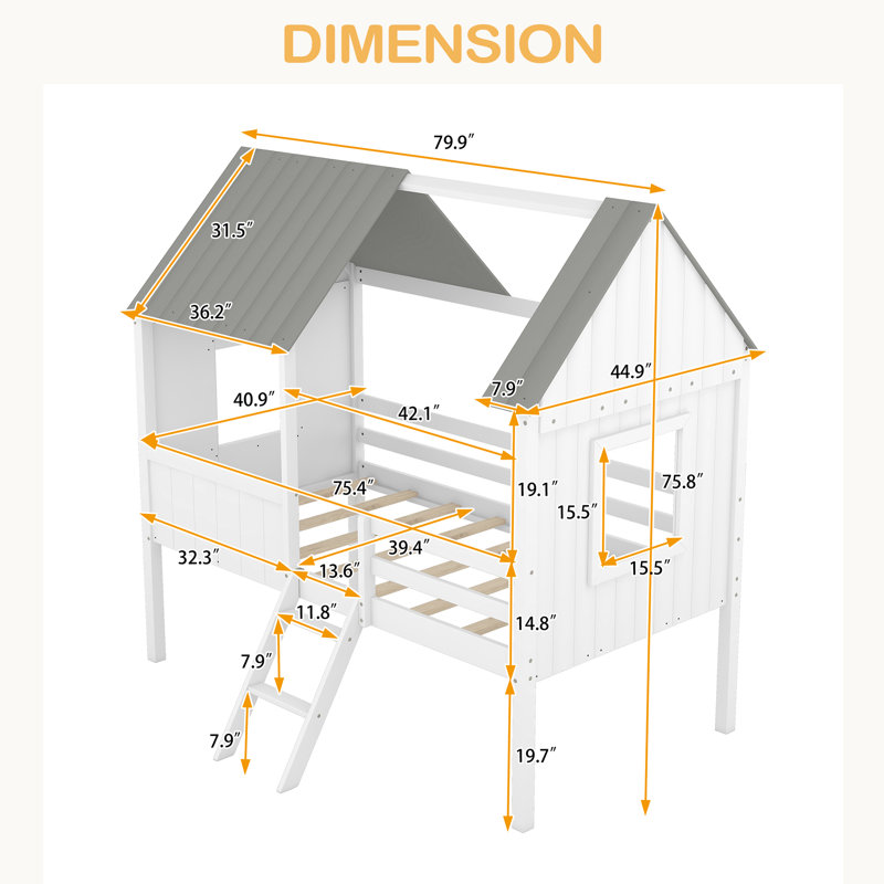 Lit mezzanine simple en bois avec deux fenêtres latérales, Blanc / Gris