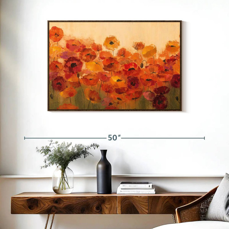 Coquelicots vibrants d'été, 37 po x 25 po, Cadre flottant noyer