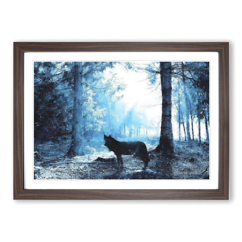 Wolf in the Blue Forest - Picture Frame Painting, Walnut Framed, 27cm H x 36cm W x 2cm D