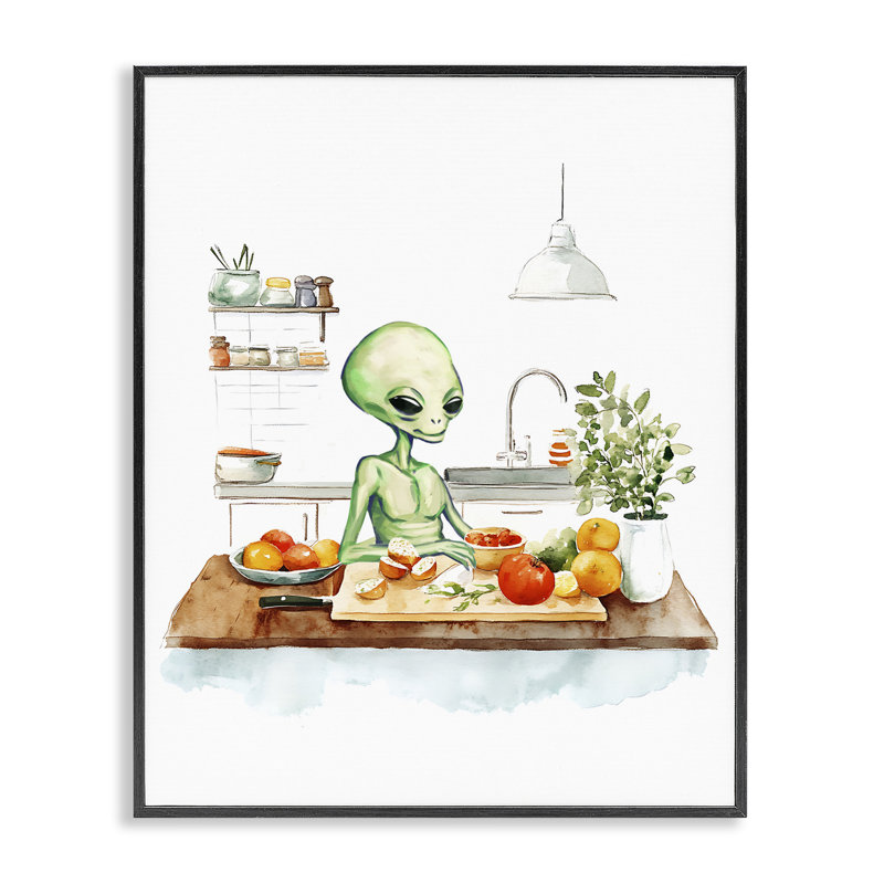 Alien Cooking in Kitchen Framed Giclee, design by Lil' Rue, Midnight Black Framed Giclee, 14" H x 11" W