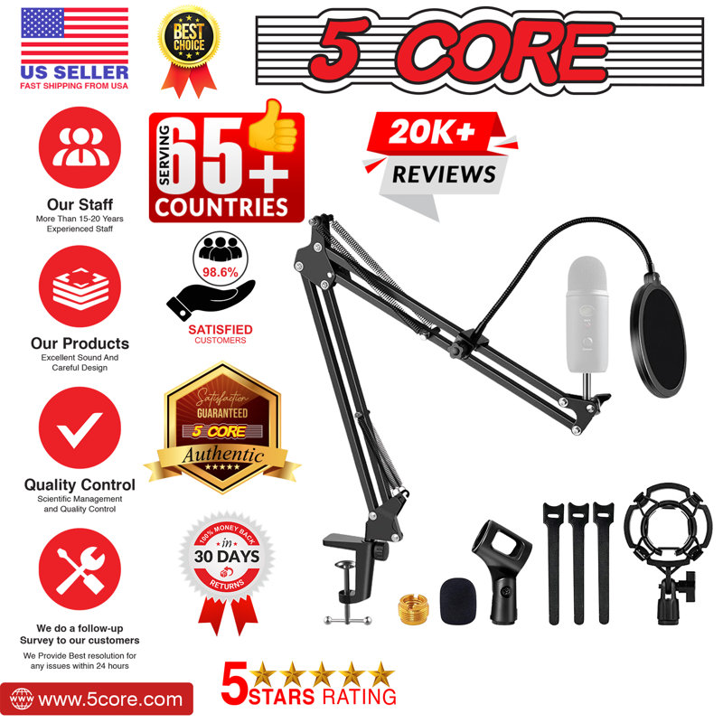5 Core Microphone Stand Suspension Desk Scissor Boom Arm 16" Shock Mount Pop Filter