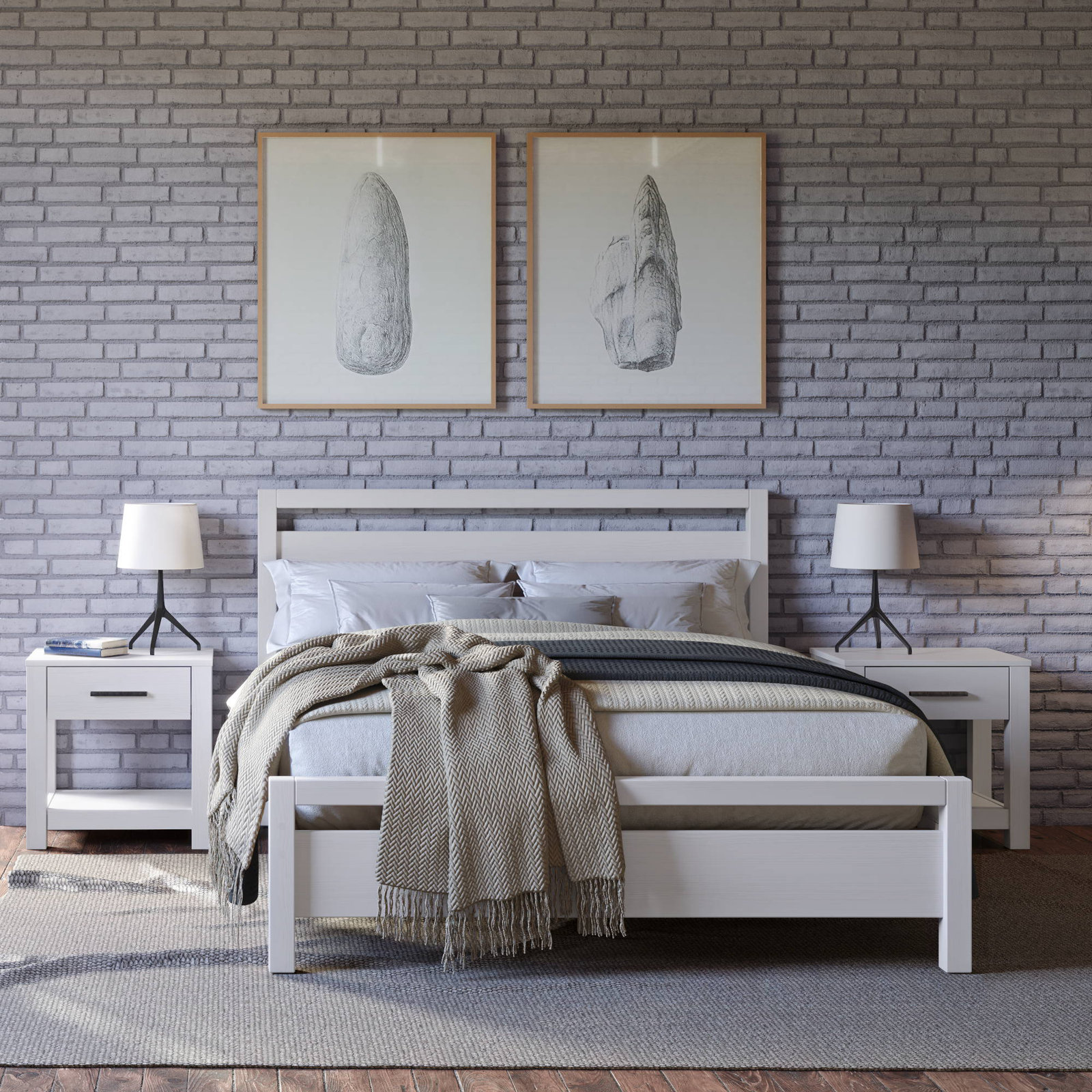 Loft Solid Wood Panel Bed, Brushed White, Full
