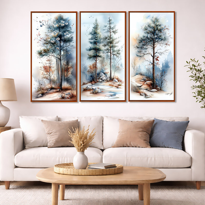 «Delicate Spring Forest Blooms - Blue Pine Trees», art mural encadré, ensemble de 3, Brown Floater Framed, 32" H x 48" W