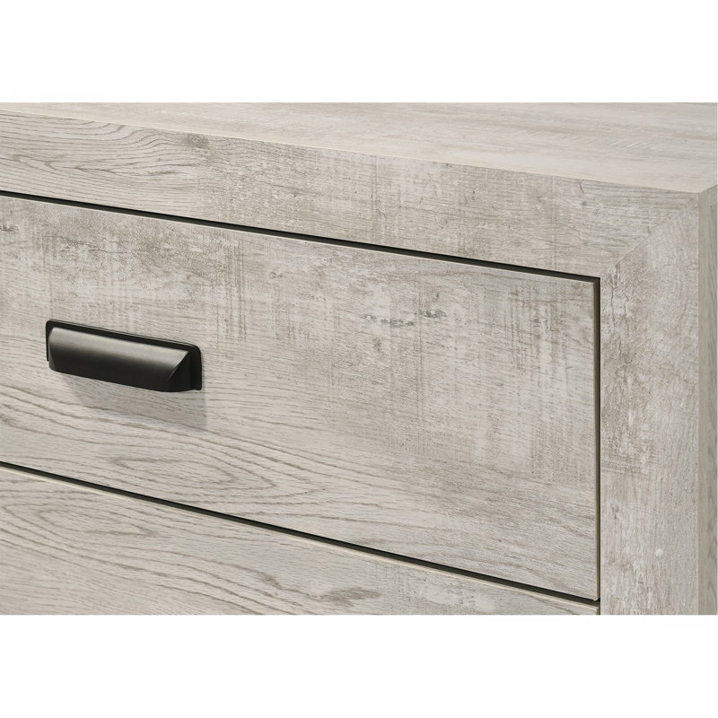 Table de chevet transitionnelle à 2 tiroirs, 1 pièce, avec quincaillerie en métal et fini bois blanchi. Mobilier de chambre en bois.