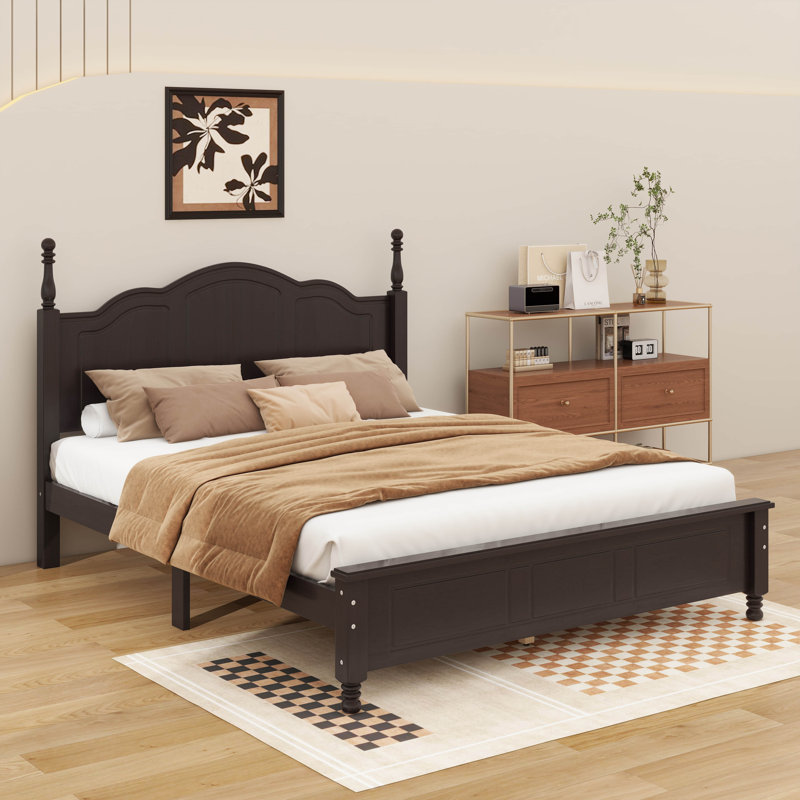 Lit plateforme robuste en lattes de bois avec attrait en bois rétro, Grand lit, Noyer foncé