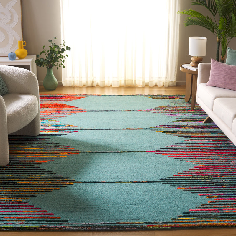 Knylah Hand Tufted Wool/Cotton Striped Rug in Teal/Red, Rectangle 8' x 10'