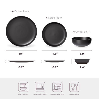Collection d'assiettes et de bols en grès non toxique 12 pièces pour 4 utilisateurs, compatible avec les ustensiles de cuisine empilables à revêtement mat, micro-ondes et lave-vaisselle