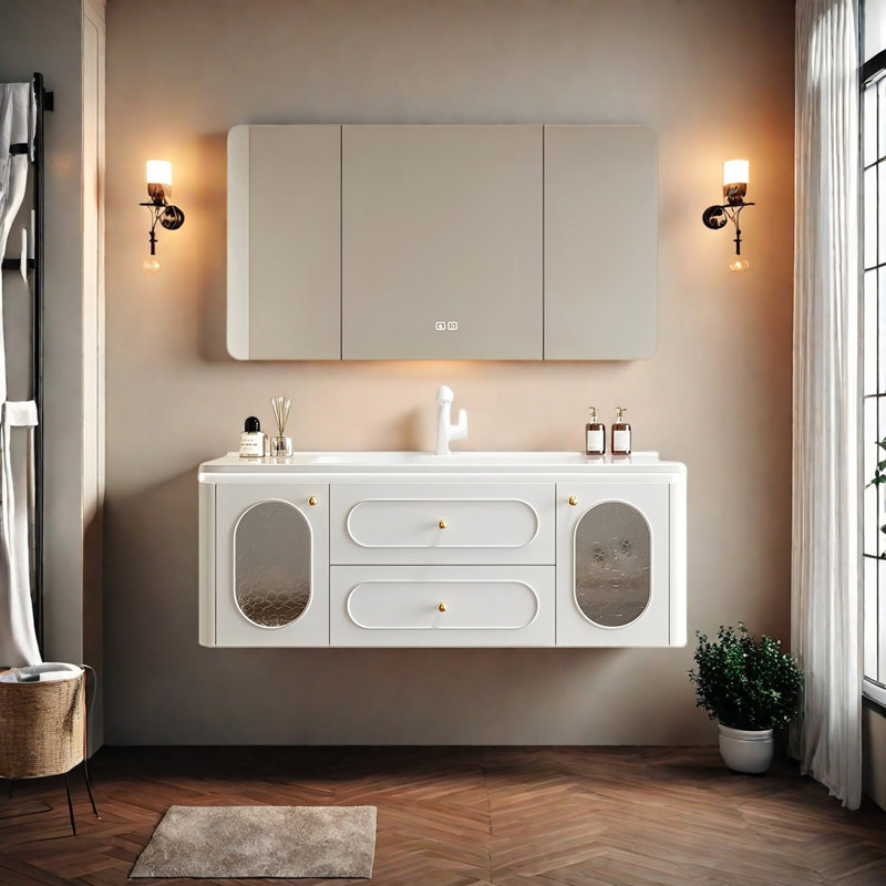 French cream style smart bathroom cabinet, Blanc