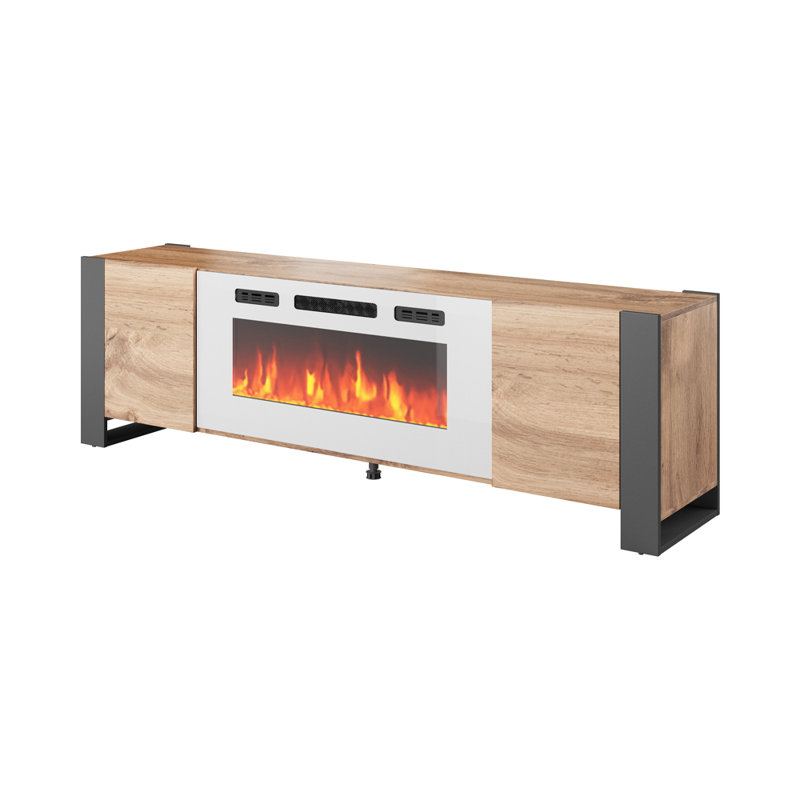 Rickeisha TV Stand for TVs up to 85" with Electric Fireplace Included, Oak/Gray