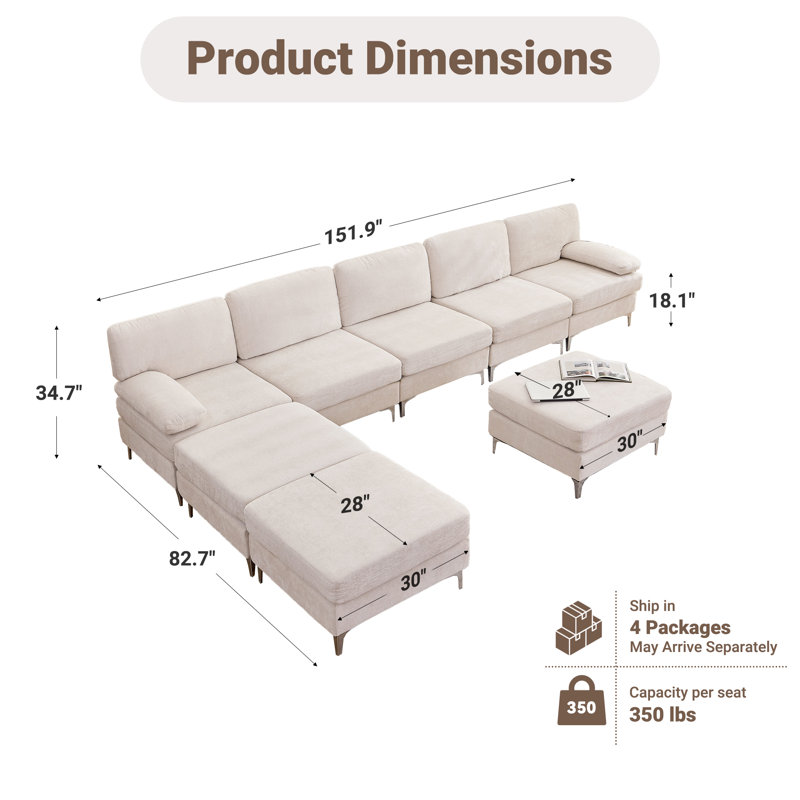 Repose-pieds modulaire rembourré surdimensionné à 8 places pour 3 personnes, Chenille beige