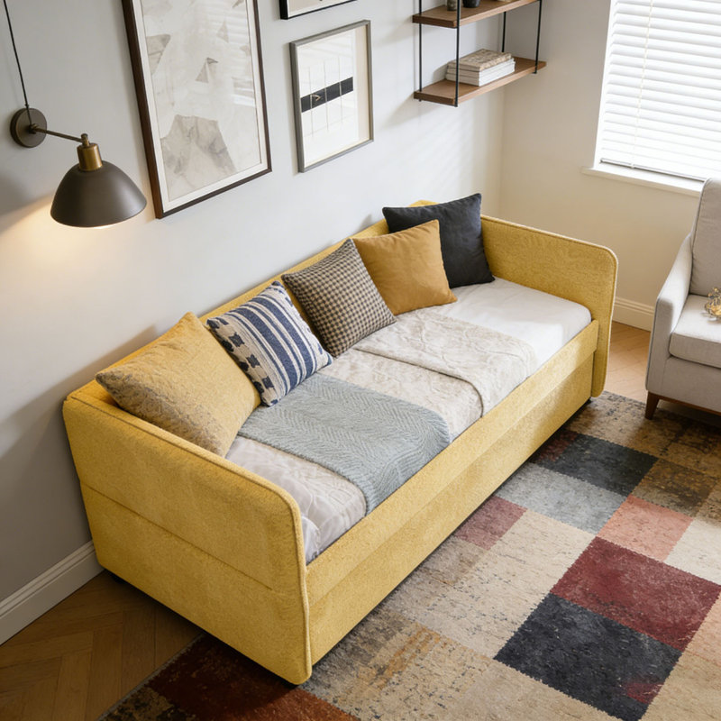 Boucle Fabric Daybed, Twin1, Yellow-Pop-up-Trundle