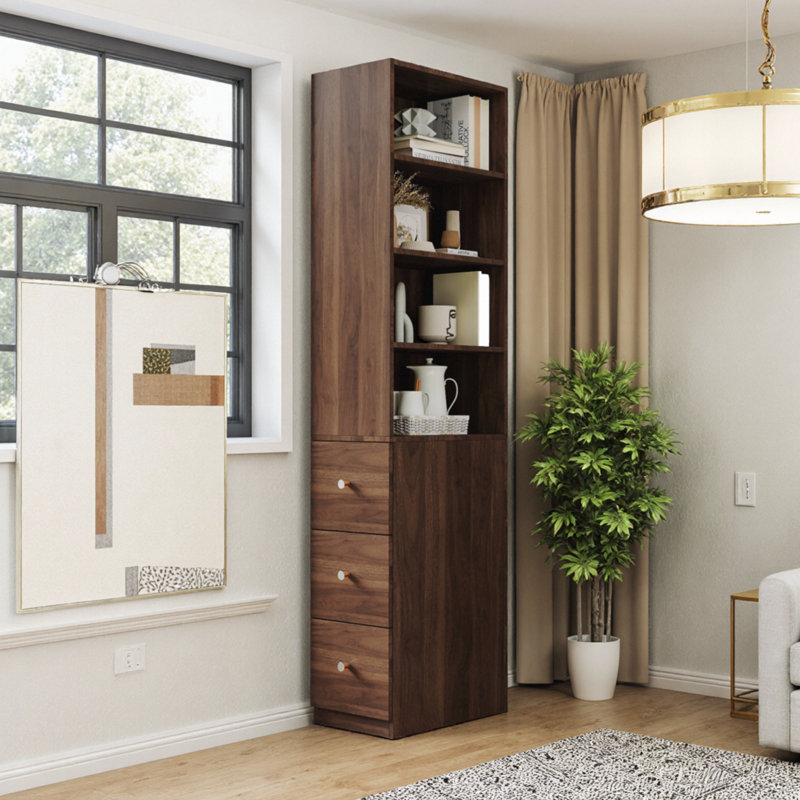 Modern 4-tier Tall Display Cabinet With 3 Side Drawers, Wood Finish Storage Bookcase For Living Room & Home Office