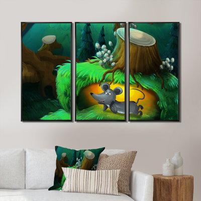 «Little Mouse Under Tree For Fantasy Story», ensemble de 3 reproductions d'art encadrées sur toile