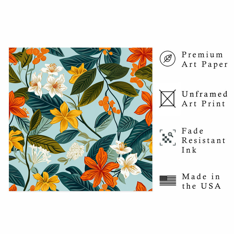 Impression florale rétro sans cadre, 14" H x 14" W