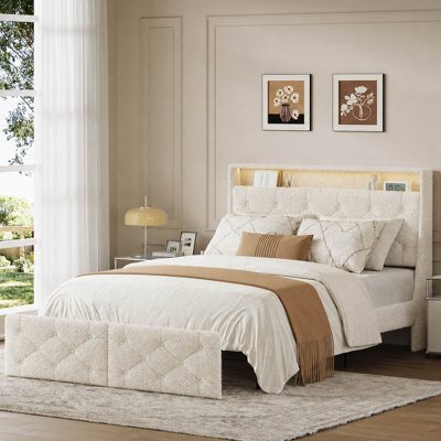 Queen Size Teddy Boucle Upholstered Platform Bed with 2 Drawers, Tufted Wingback Headboard & LED Lighting