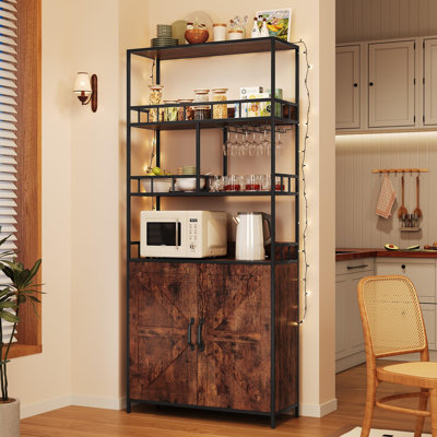 Industrial 5-Tier Wine Bottle Storage and Bar Cabinet with Glass Storage Sections, Tall Wood Liquor Storage for Kitchen or Dining Room