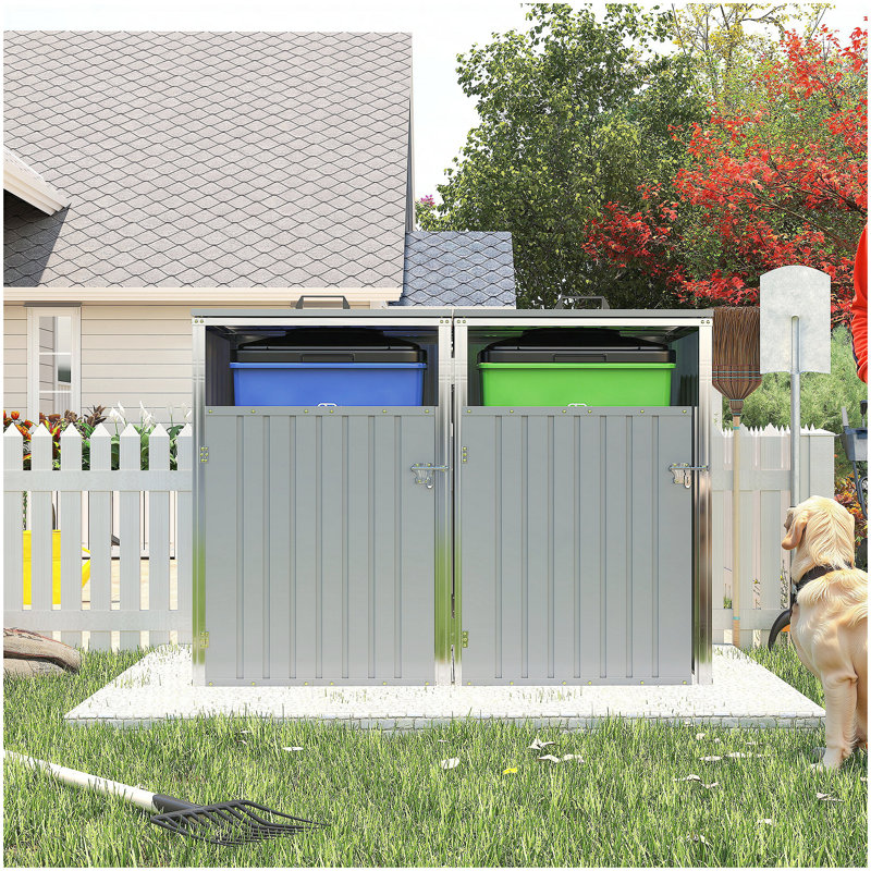 Garbage Bin Shed Stores 2 Trash Cans Metal Outdoor Bin Shed for Garbage Storage,54 cubic feet of space,Stainless Galvanized Steel, Bin Shed for Garden Yard Lawn,Grey