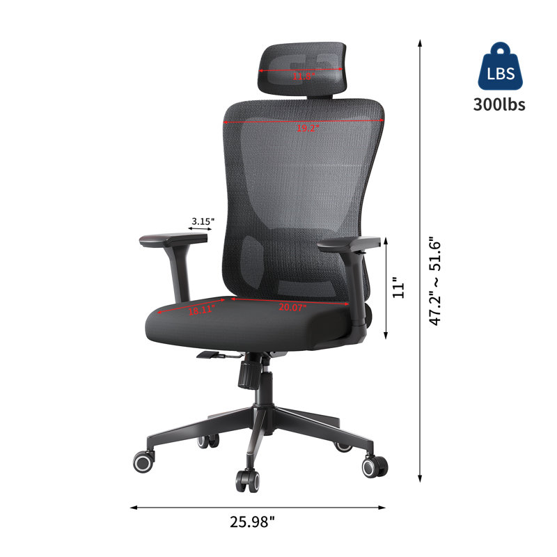 Chaise de bureau ergonomique respirante à dossier en filet avec appui-tête, Noir, noir, noir, noir