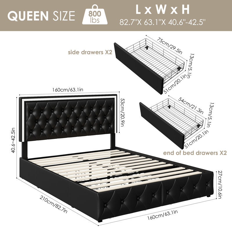 Athanasius Modern LED Platform Bed, PU Upholstered Bed with Storage Drawers, RGB Lighting & Music Sync, Adjustable Headboard, No Box Spring Needed, Easy Assembly