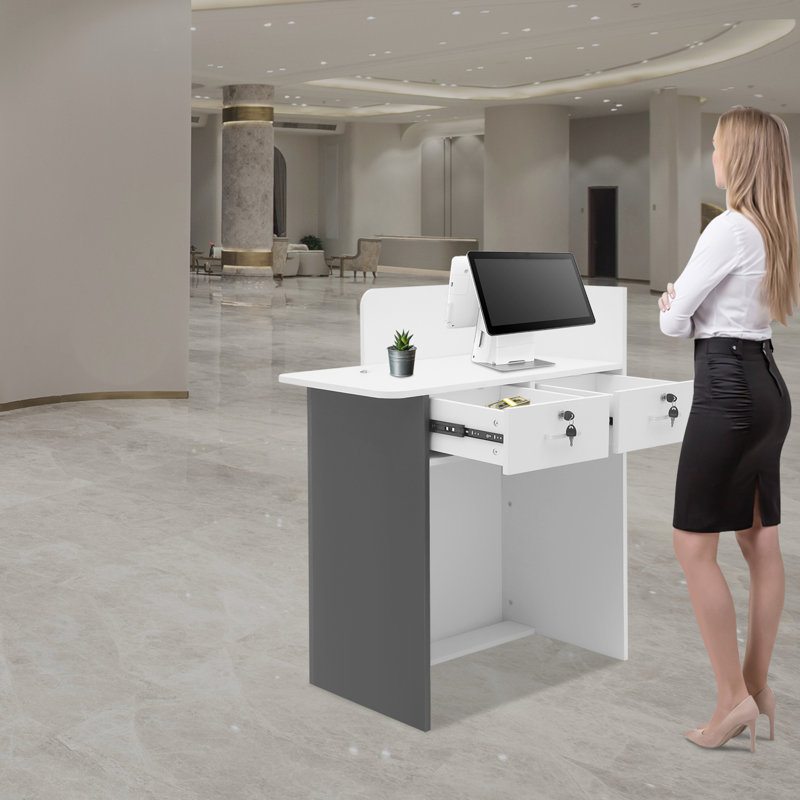Bureau d'accueil moderne avec port USB et bande DEL, supportant une charge de 200 kg, idéal pour les bureaux, les salons de coiffure et les magasins.