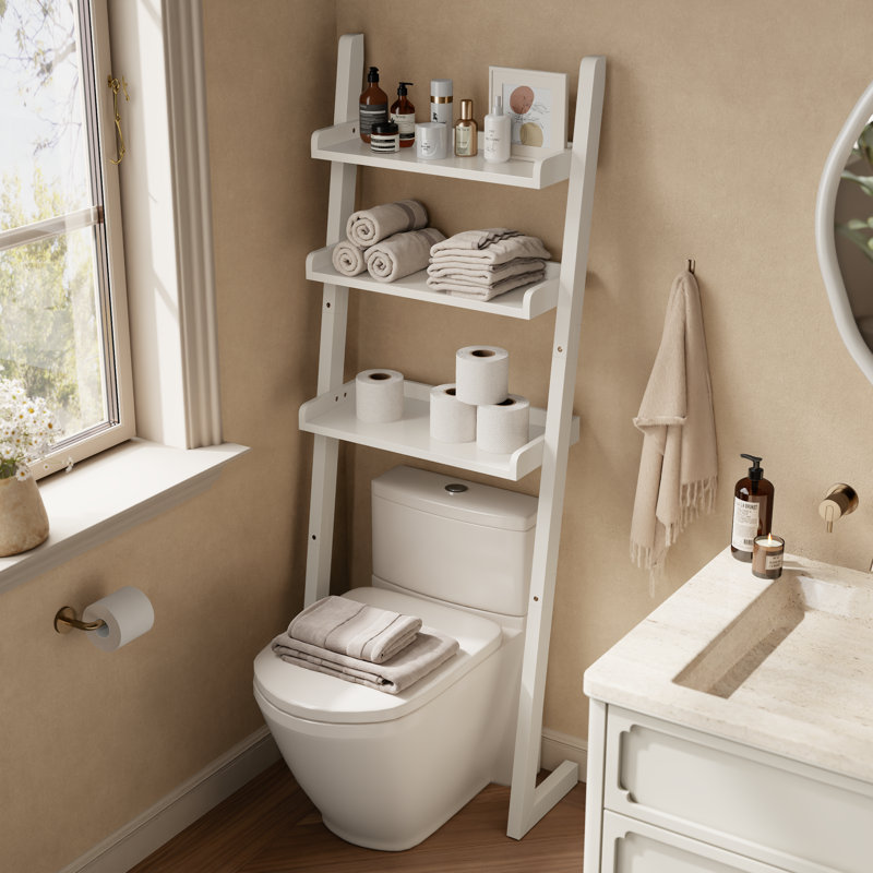 Tablette de salle de bain en bois massif en forme de Z, Blanc