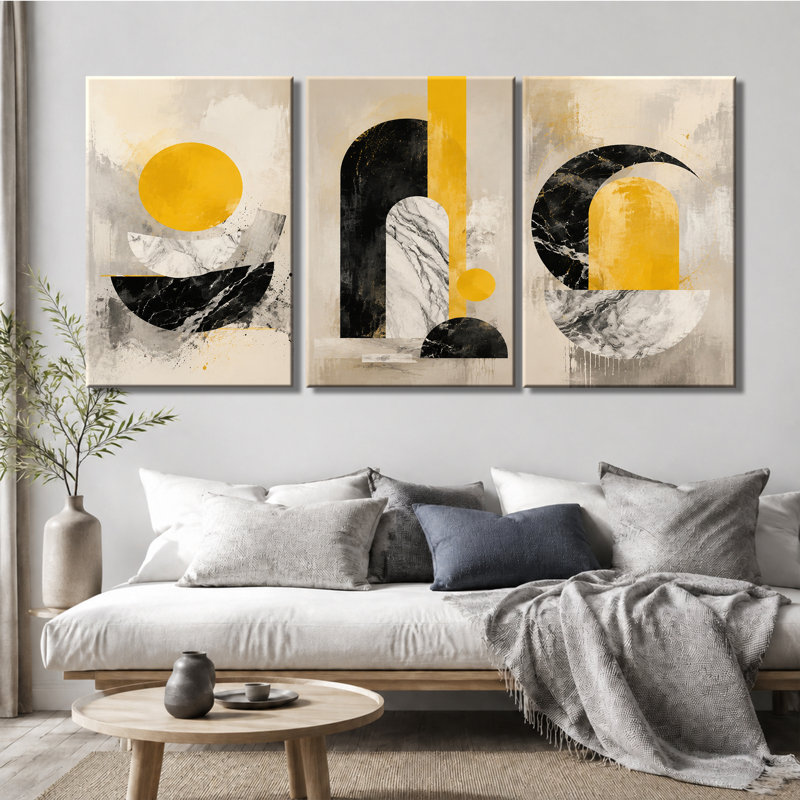 Impression sur toile abstraite géométrique à 3 panneaux muraux jaunes et noirs pour le salon, 24 * 36 pouces * 3