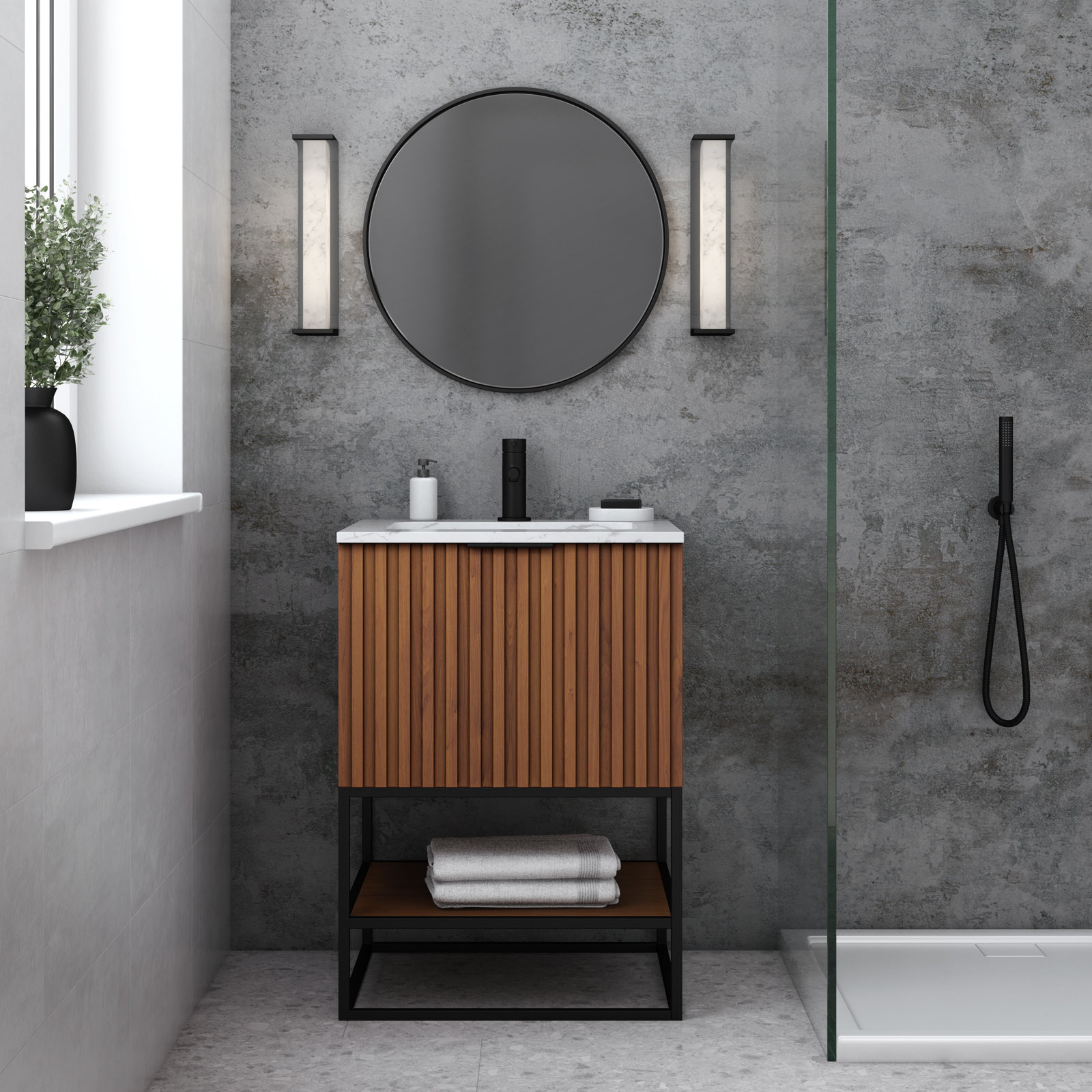 Terra 24'' Single Bathroom Vanity, Matte Black, Carrara Marble/Single Faucet Mount