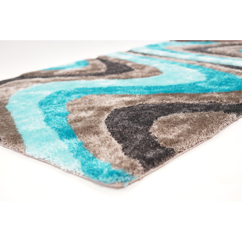 Tapis bleu/gris touffeté abstrait fait main Khajag, Rectangle 5 pi x 7 pi