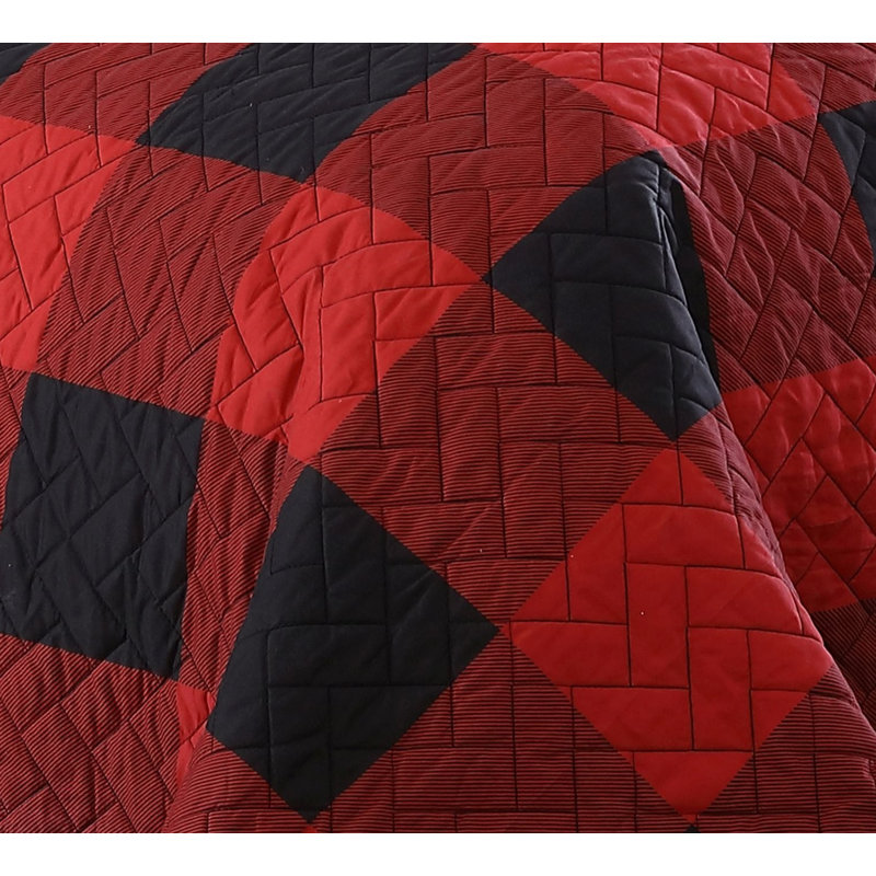 Buffalo Plaid Jersey Knit Plaid Quilt, King Quilt + 2 Shams + 2 Throw Pillows, Red/Black