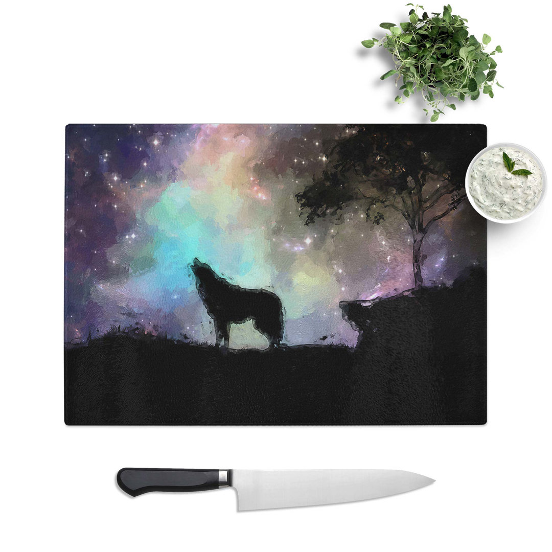 Glass Howling Wolf With A Galaxy Forest in Abstract Chopping Board