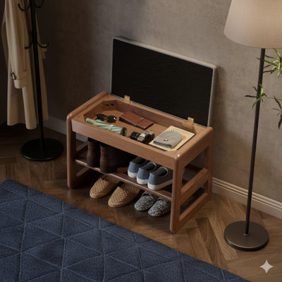 Petit banc à chaussures avec coussin, étagère à chaussures à 2 niveaux avec rangement rabattable, étagère à chaussures en bois noyer, 23,62 po