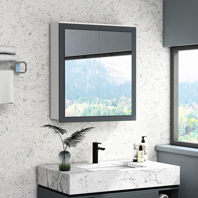 Armoire de salle de bain avec miroir et tablettes réglables, 27 po x 30 po, blanc. Miroirs à double porte. Fixation murale pour une utilisation efficace de l'espace. Fabrication. Miroir pour pharmacie l 27,25 po x P 6,75 po x H 29,75 po