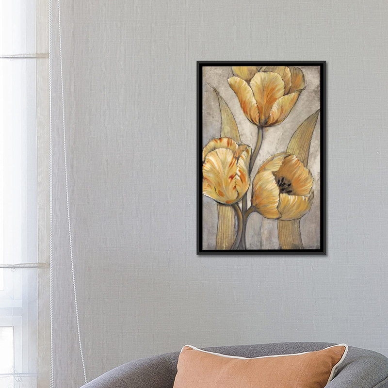 Ocre et tulipes grises I - reproduction sur toile, H 26 po x l 18 po x P 1,5 po, Toile avec cadre noir