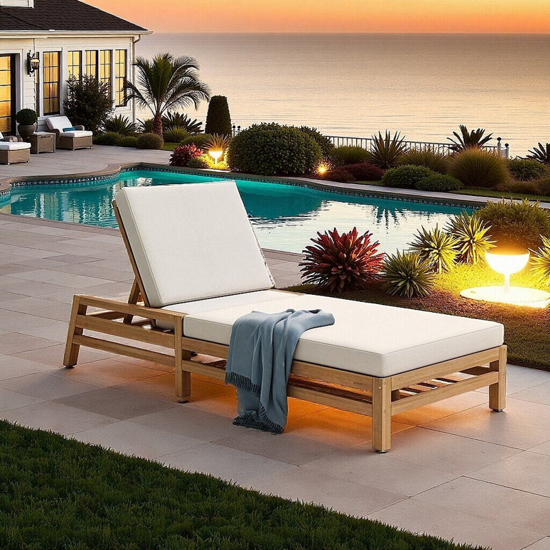 Chaise longue réglable en bois pour l'extérieur à 5 positions avec coussins épais d'une capacité de 400 lb, Teck clair