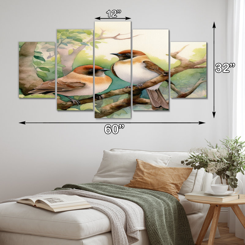 Oiseaux du printemps II - reproduction d'art mural animaux - 5 panneaux