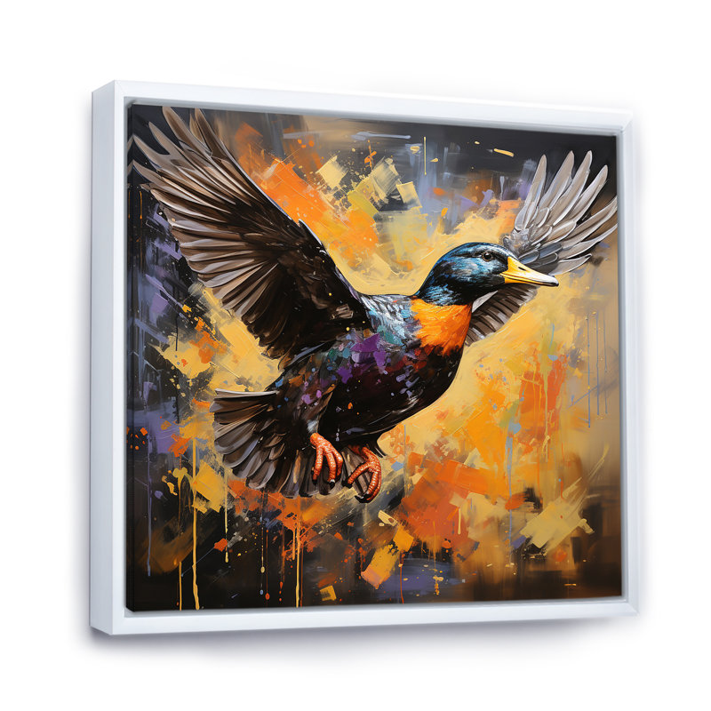 «Vintage Duck Flight At The Pond IV», art mural animaux de canard, Cadre flottant blanc, H 36 po x l 36 po x P 1,5 po