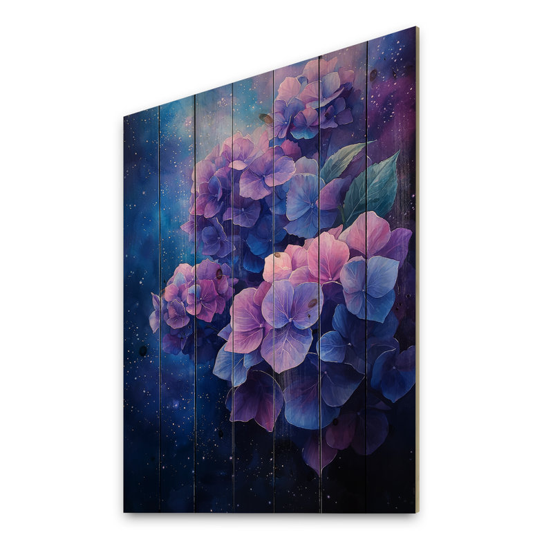 Hortensia dans l'espace - Art mural bois d'hortensia - sur bois de pin naturel, H 20 po x l 10 po x P 0,78 po