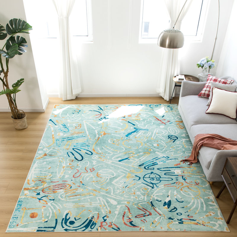 Sportsglyphs II by Katie Merz Ballpark Mint Baseball Machine Washable Area Rug, Rectangle 5' x 7'