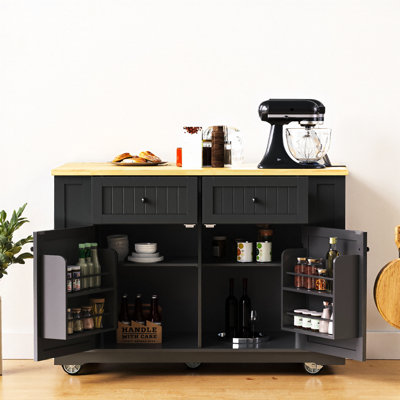 Barre de petit-déjeuner à abattant en forme de losange écrasé, alimentation 3-AC / 2-USB intégrée, supports à épices en bambou, 5 roulettes dissimulées, plateau supérieur de 440 lb