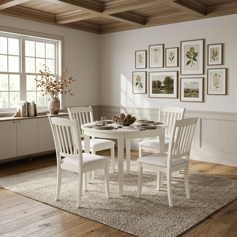 Ensemble de salle à manger rond 5 pièces en bois dur asiatique blanc lin, style milieu du siècle, avec chaises de salle à manger rembourrées en tissu lin
