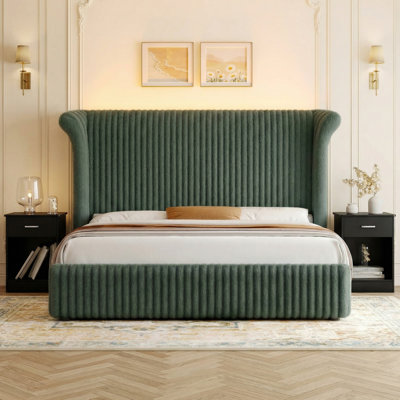 Modern 3-piece Bedroom Set, 55" Green High Wingback Bed With Built-in Lighting And 1-drawer Nightstands